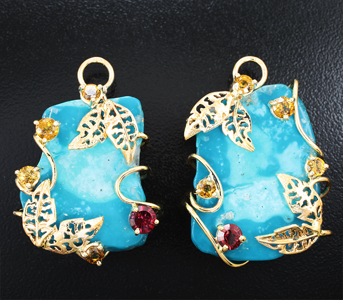 Золото Подвесы для серег со слайсами арманяской бирюзы 47,87 карата и гранатами
