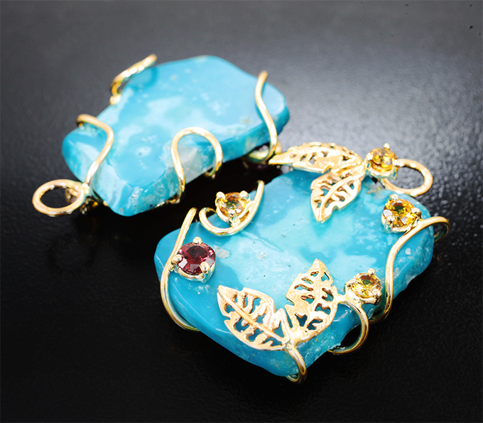 Подвесы для серег со слайсами арманяской бирюзы 47,87 карата и гранатами