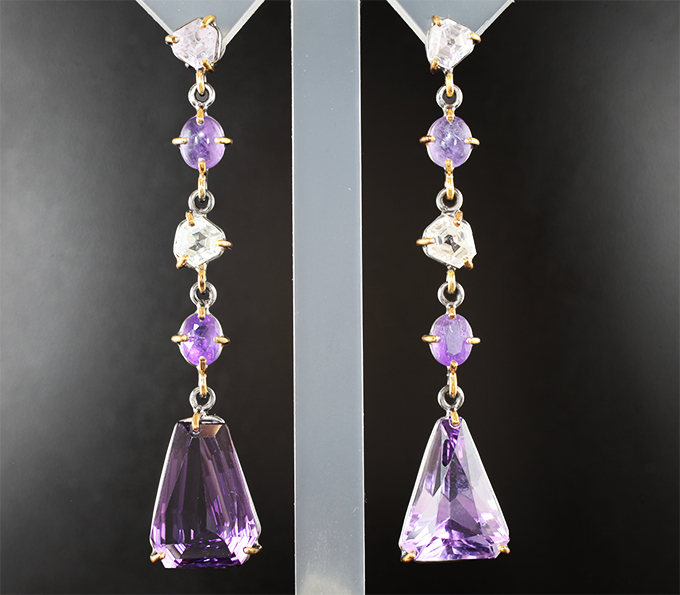 Серебро 925 Серьги с аметистами авторской огранки 13,72 карата, хакманитами и сапфирами авторской огранки