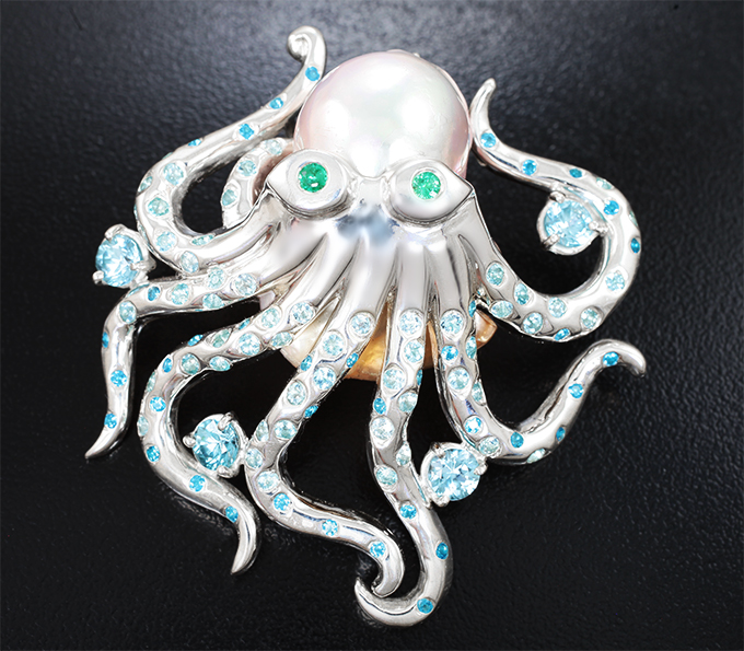 Серебро 925 Кулон с крупной морской жемчужиной барокко 43,75 карата, изумрудами, цирконами и апатитами