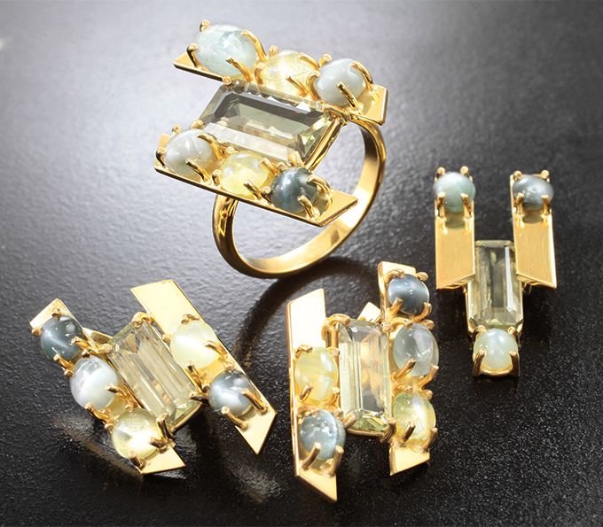 Серебро 925 Комплект с диаспорами 9,52 карата и хризобериллами 13,03 карата