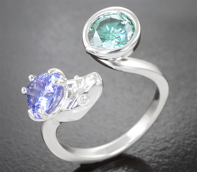 Серебро 925 Кольцо с голубовато-зеленым муассанитом 1,3 карата и танзанитом 1,2 карата