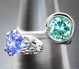 Кольцо с голубовато-зеленым муассанитом 1,3 карата и танзанитом 1,2 карата Серебро 925