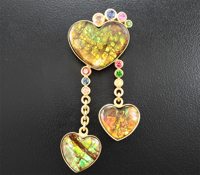 Серебро 925 Брошь/кулон с аммолитами аммонитов, разноцветными сапфирами и цаворитами гранатами