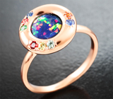 Кольцо с ограненным черным опалом 1,04 карата, сапфирами и цаворитами