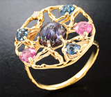 Кольцо с австралийским болдер опалом 1,55 карата, шпинелями и бриллиантом