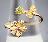 Комплект с уральскими топазолитами 0,86 карата и розовыми сапфирами