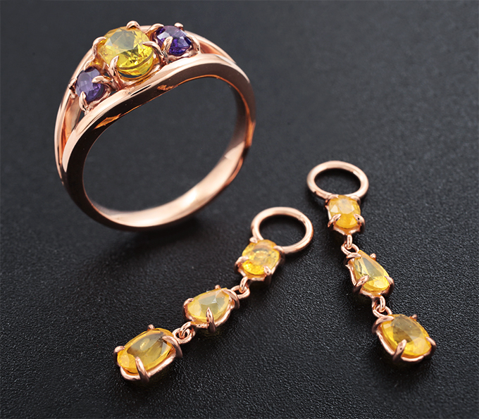 Серебро 925 Комплект с ярко-желтыми и пурпурными сапфирами 5,04 карата