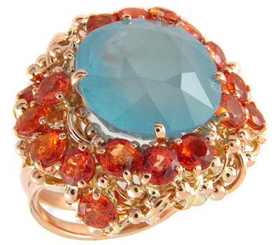 Золото Кольцо с ярким аквамарином и оранжевыми сапфирами
