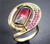 Кольцо с полихромным турмалином, пурпурными сапфирами и цаворитами гранатами