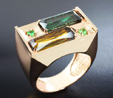 Перстень с эльбаитом, сине-зеленым турмалином и цаворитами гранатами Золото