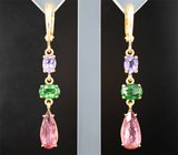 Серьги с хакманитами, цаворитами, рубеллитом и розовым турмалином