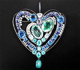 Брошь/кулон с лунным камнем, «неоновыми» апатитами, флюоритами, кианитами, иолитом, бесцветными цирконами, лавандовым и синими сапфирами