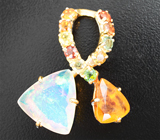 Кулон с оранжевым содалитом 3,05 карата, ограненным эфиопским опалом 5,54 карата и разноцветными сапфирами